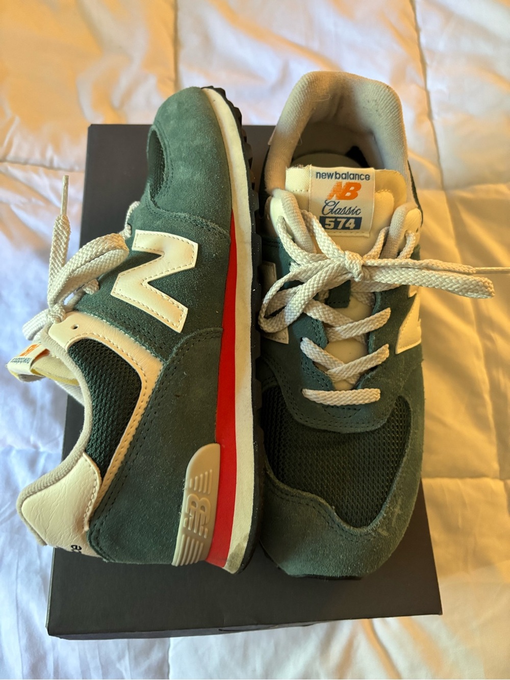 New Balance Green and Cream Retro 574 Sneakers with Red Accent